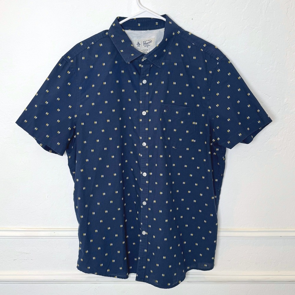 Original Penguin Button Down Shirt Mens XL Navy Geometric Print Short Sleeve